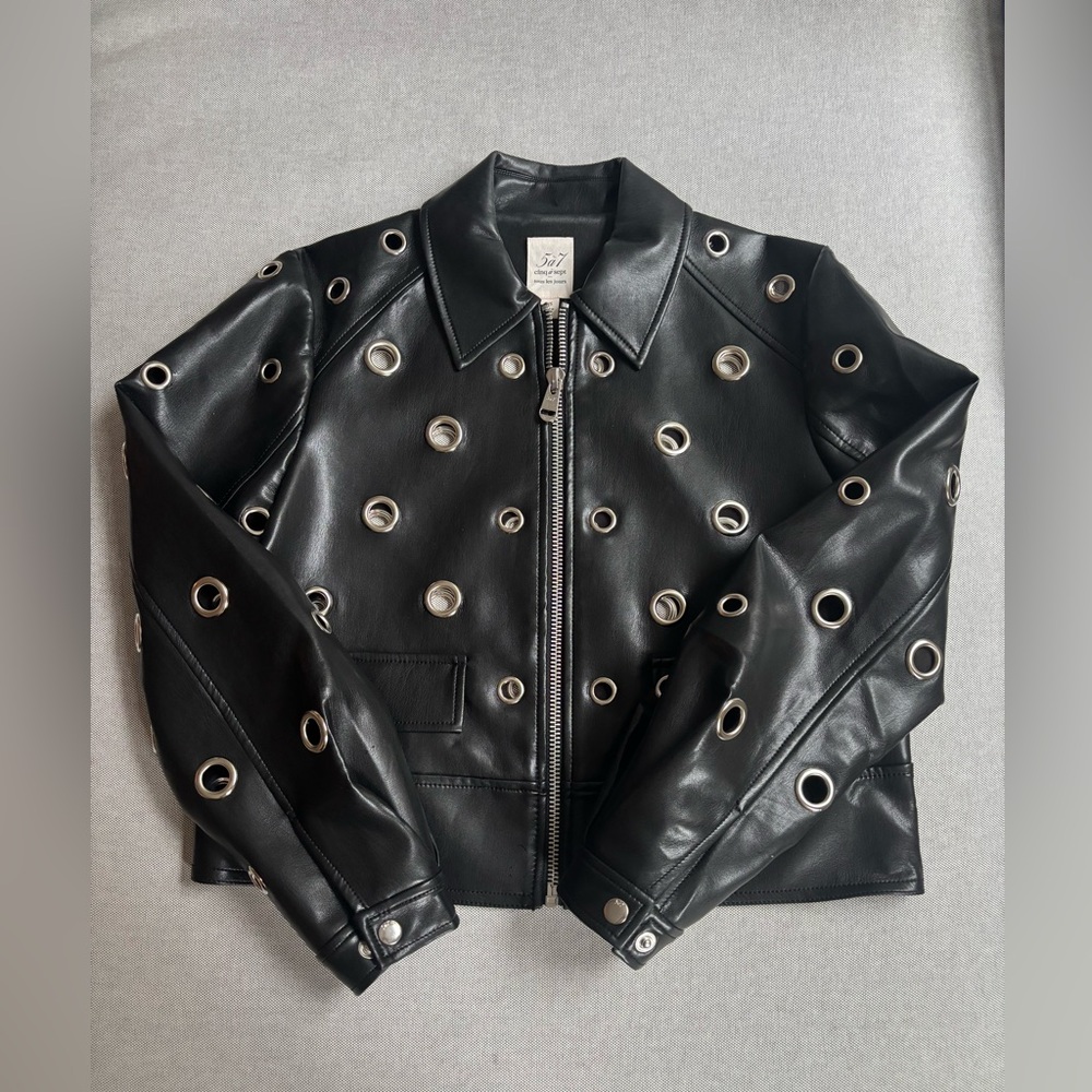 Black Leather Jacket with Grommet Detailing